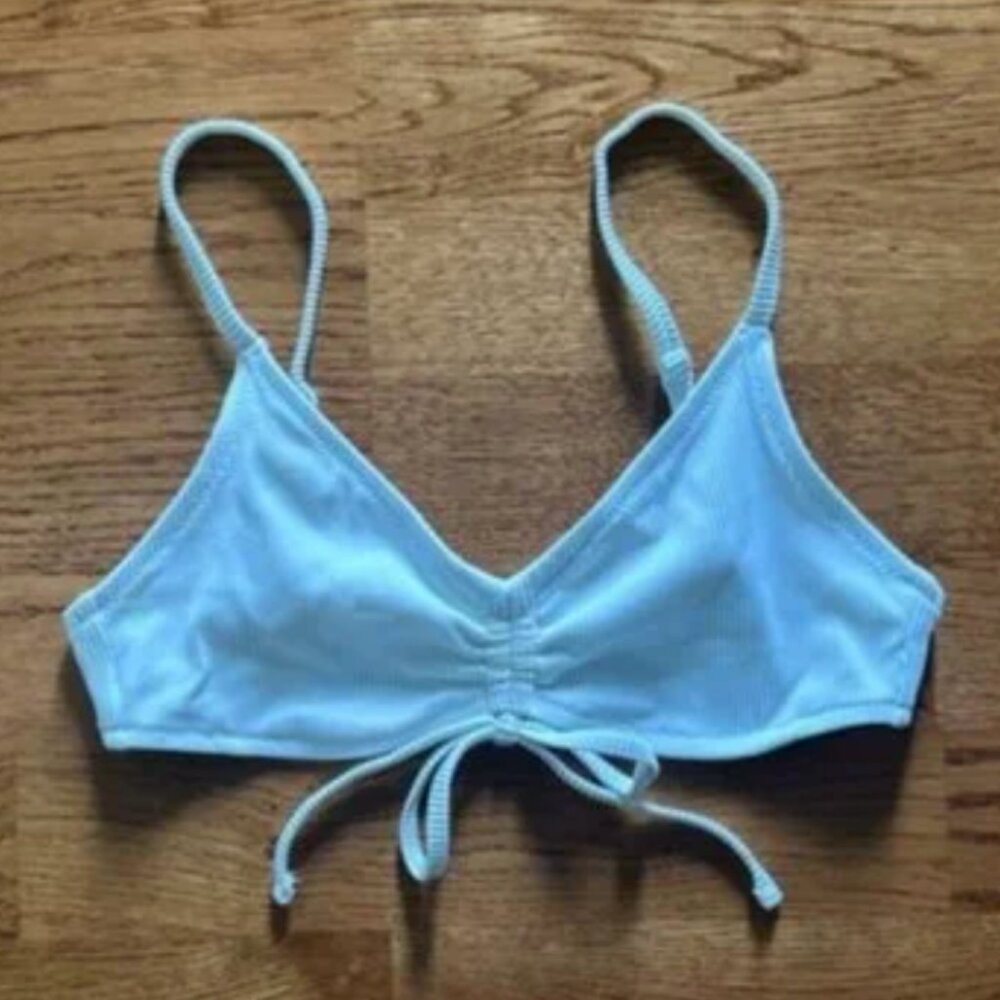 aerie v scoop ribbed white bikini swim top tie ruched cinch bow xs women pinched
